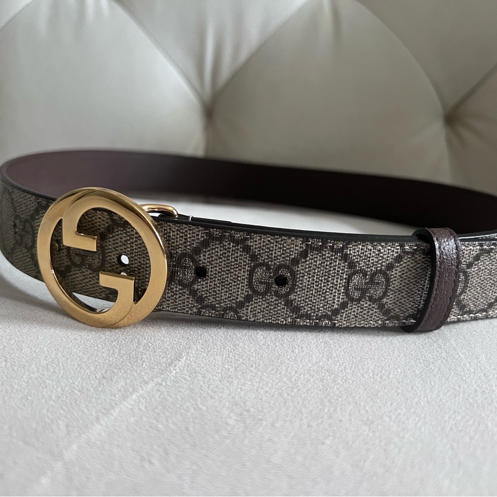 Gucci Brown GG Canvas Belt with Gold Double G Buckle (Monogram) - Picture 8 of 16